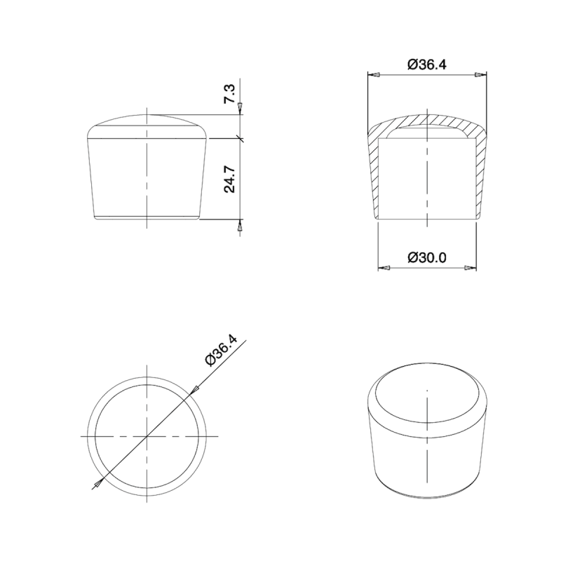 Thermoplastic Rubber Bush Ferrule BLACK for 30 mm Diameter Tube - finishing caps - screw-nut cap - ajile