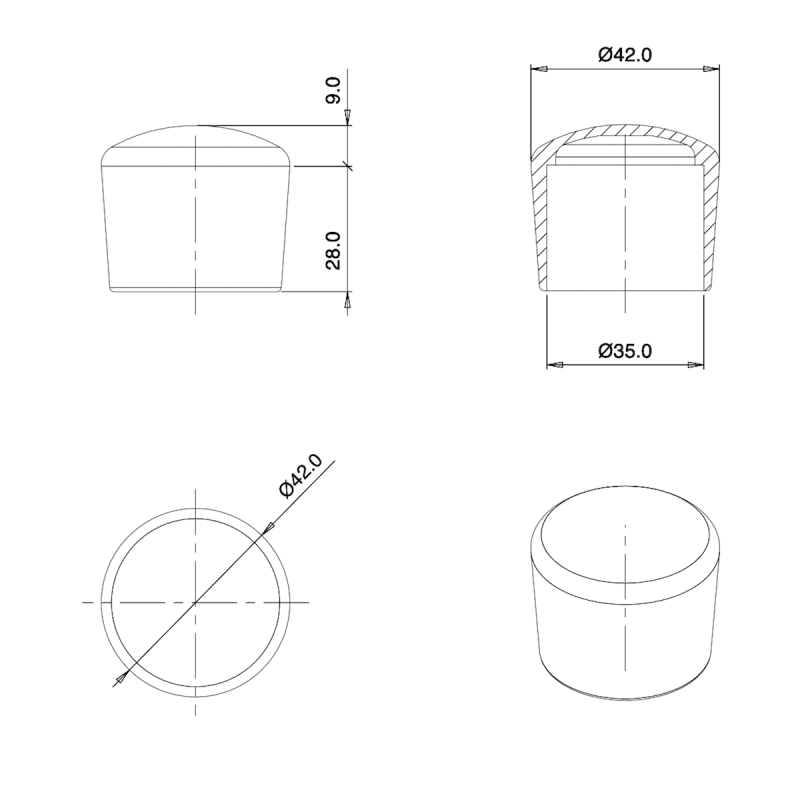Thermoplastic Rubber Bush Ferrule BLACK for 35 mm Diameter Tube - finishing caps - screw-nut cap - ajile