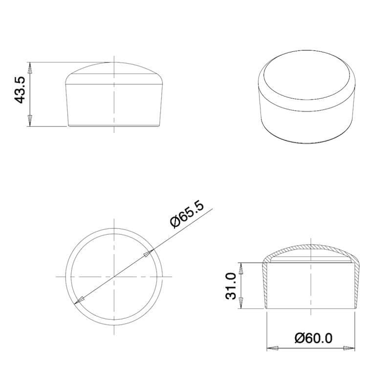 Thermoplastic Rubber Bush Ferrule BLACK for 60 mm Diameter Tube - finishing caps - screw-nut cap - ajile