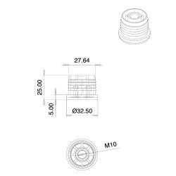 Embout plastique rond pour tube diam. EXTÉRIEUR 32 mm avec trou fileté diam. 10 mm (M10)