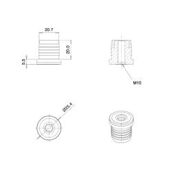 Embout plastique rond pour tube diam. EXTÉRIEUR 25 mm avec trou fileté diam. 10 mm (M10)