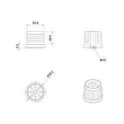 Round M10 threaded ribbed insert for 30 mm OUTER diam. round tube - BLACK