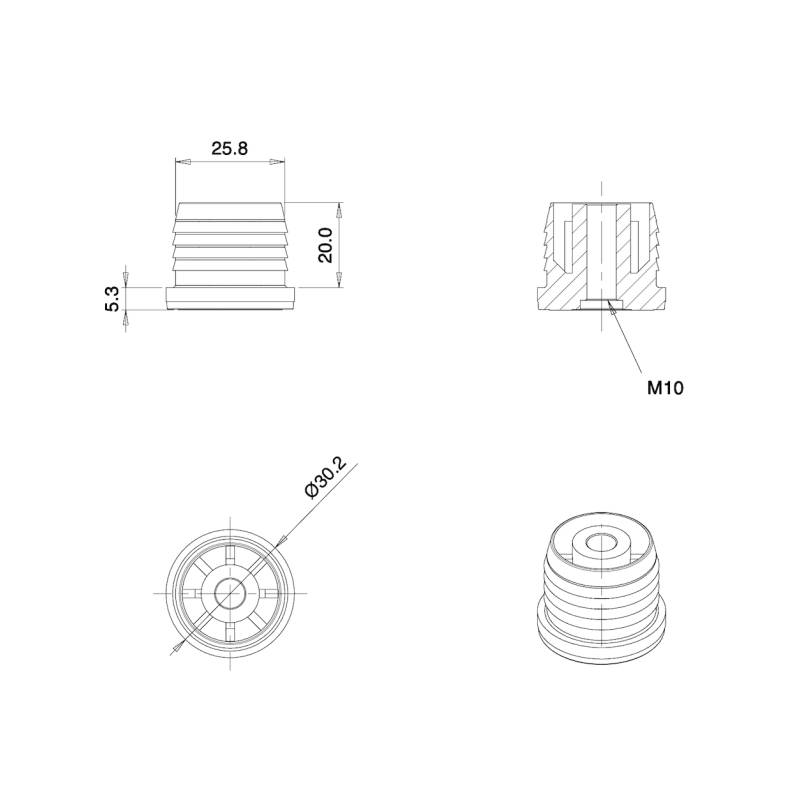 Embout plastique rond pour tube diam. EXTÉRIEUR 30 mm avec trou fileté diam. 10 mm (M10)