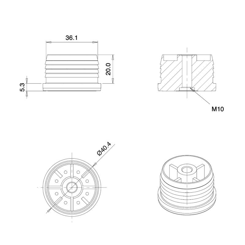Round M10 threaded ribbed insert for 40 mm OUTER diam. round tube - BLACK