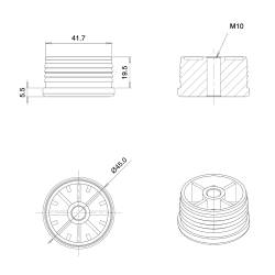 Round M10 threaded ribbed insert for 45 mm OUTER diam. round tube - BLACK