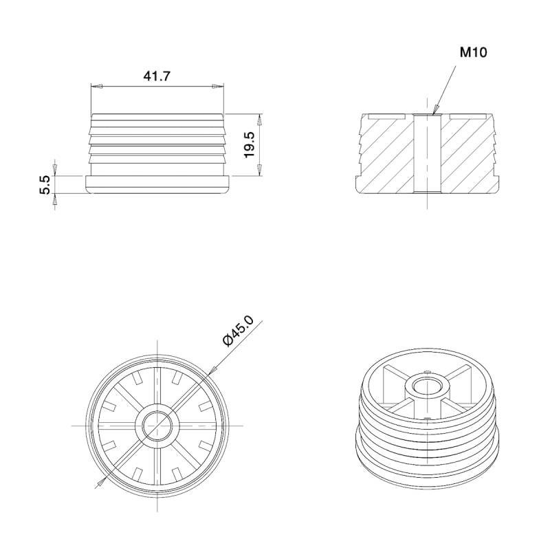 Embout plastique rond pour tube diam. EXTÉRIEUR 45 mm avec trou fileté diam. 10 mm (M10)