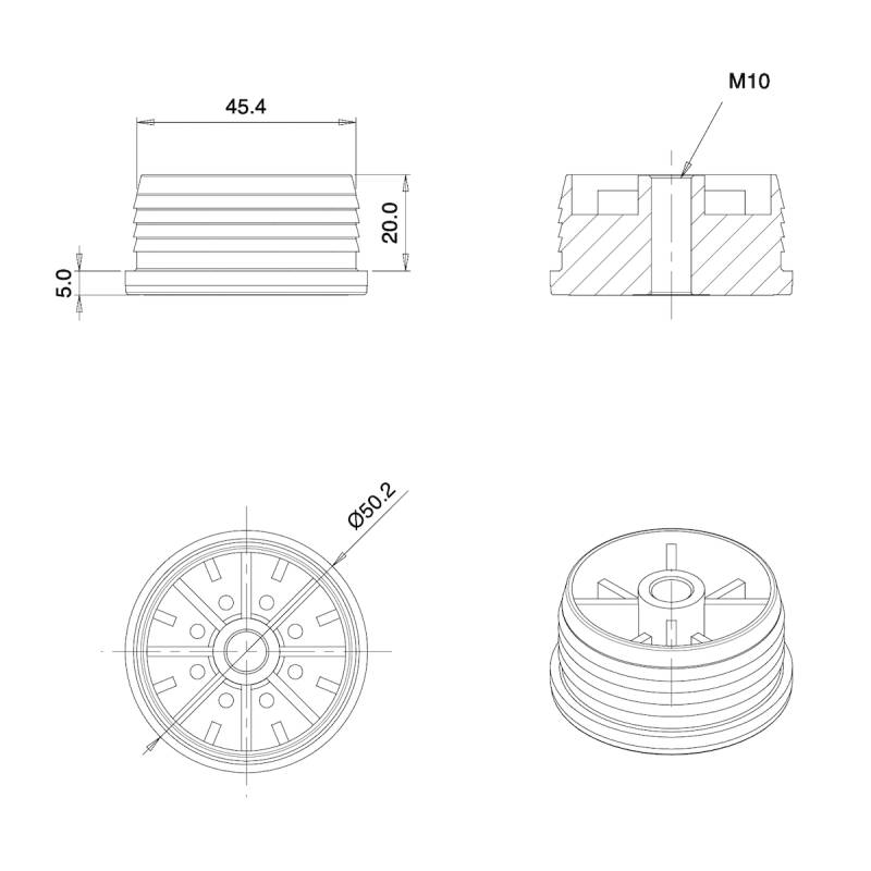 Round M10 threaded ribbed insert for 50 mm OUTER diam. round tube - BLACK
