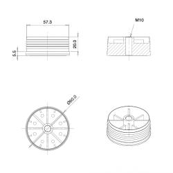 Round M10 threaded ribbed insert for 60 mm OUTER diam. round tube - BLACK