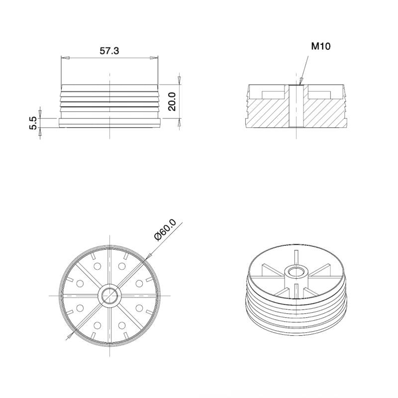 Embout plastique rond pour tube diam. EXTÉRIEUR 60 mm avec trou fileté diam. 10 mm (M10)