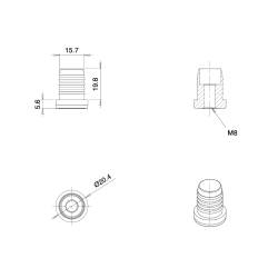 Inserto M8 a lamelle tondo con filetto interno per tubo rotondo 20 mm diam. esteriore - NERO