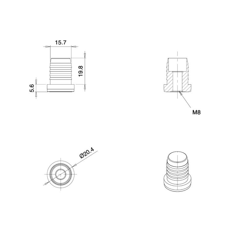 Embout plastique rond pour tube diam. EXTÉRIEUR 20 mm avec trou fileté diam. 8 mm (M8)