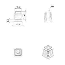 M8 Fussstopfen mit Gewindeloch für Quadratrohr 20 x 20 mm Aussenmass SCHWARZ