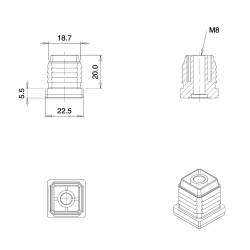 Square M8 threaded ribbed insert for 22 x 22 mm outer dimension square tube - BLACK