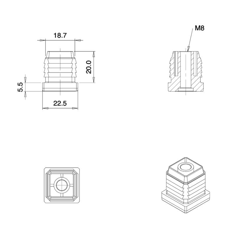 Square M8 threaded ribbed insert for 22 x 22 mm outer dimension square tube - BLACK