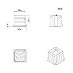 Square M10 threaded ribbed insert for 30 x 30 mm outer dimension square tube - BLACK