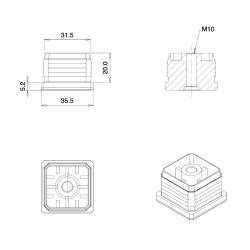 Embout plastique carré pour tube 35 x 35 mm avec trou fileté diam. 10 mm (M10)