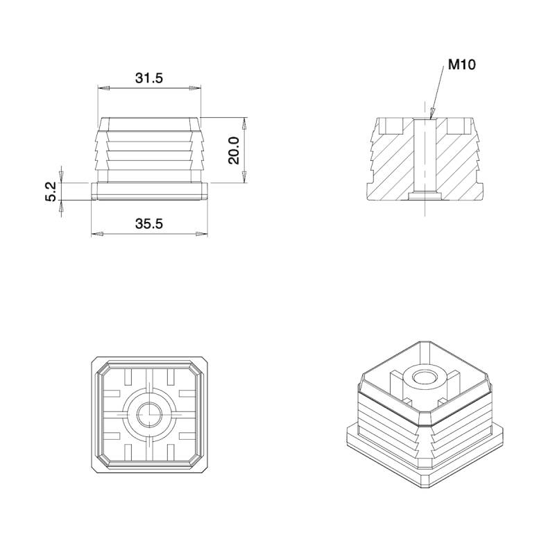 Inserto M10 a lamelle quadrato con filetto interno per tubo quadrato 35 x 35 mm dim. esteriore - NERO