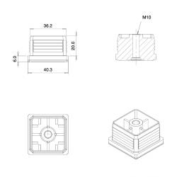 Square M10 threaded ribbed insert for 40 x 40 mm outer dimension square tube - BLACK