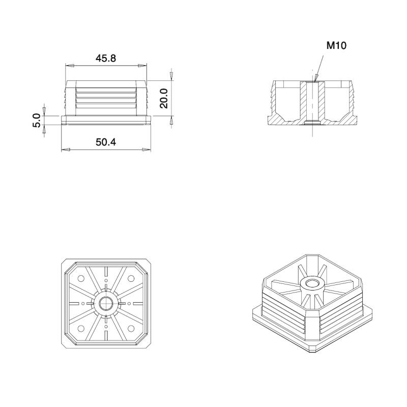 Inserto M10 a lamelle quadrato con filetto interno per tubo quadrato 50 x 50 mm dim. esteriore - NERO