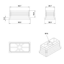 Rectangular M10 threaded ribbed insert for 60 x 30 mm outer dimension rectangular tube - BLACK
