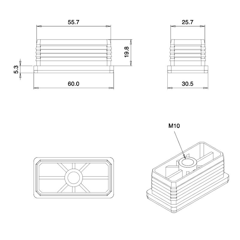 Inserto M10 a lamelle rettangolare con filetto interno per tubo rettangolare 60 x 30 mm dim. esteriore - NERO