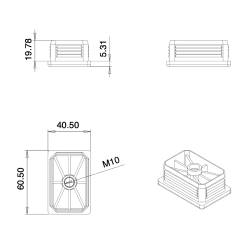 Rectangular M10 threaded ribbed insert for 60 x 40 mm outer dimension rectangular tube - BLACK