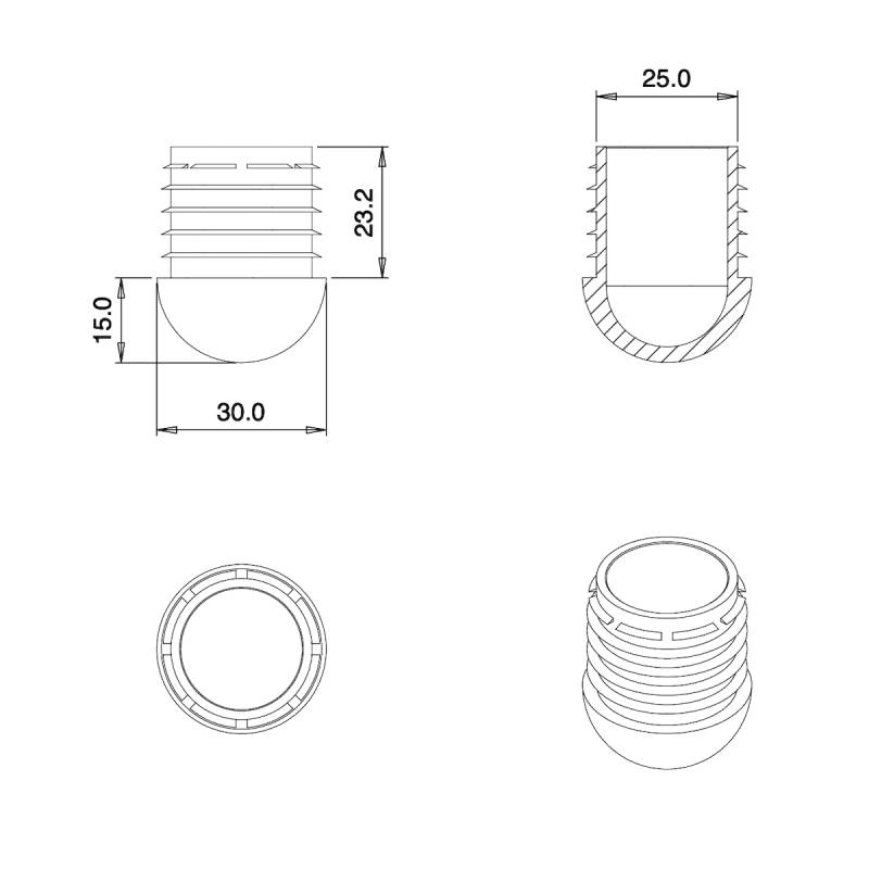 Round Finishing Semispherical Ribbed Insert BLACK diameter 30 mm