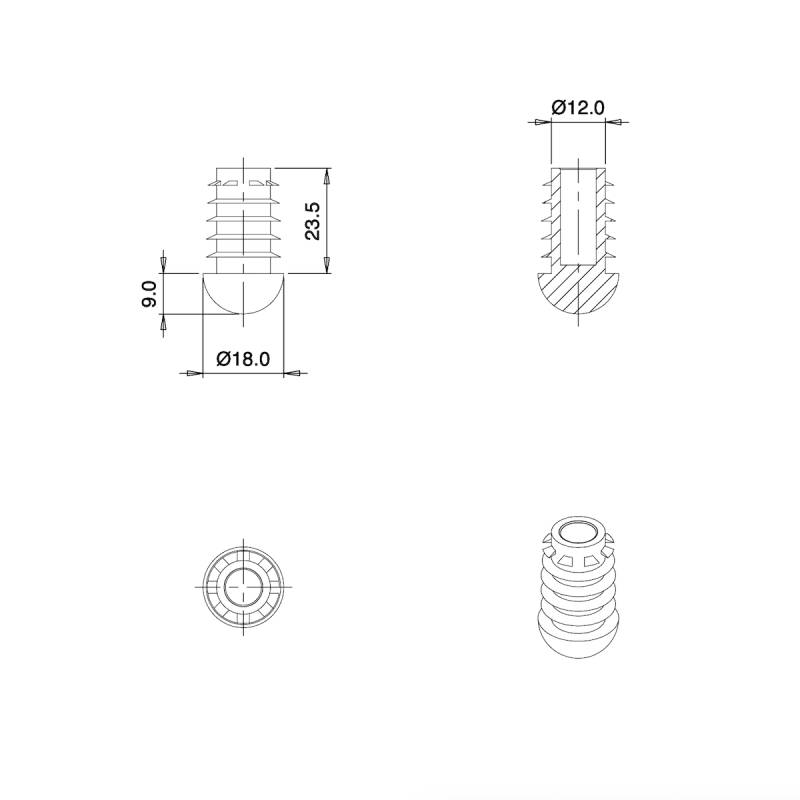 Inserto Antiscivolo Rotondo Semisferico NERO 18 mm
