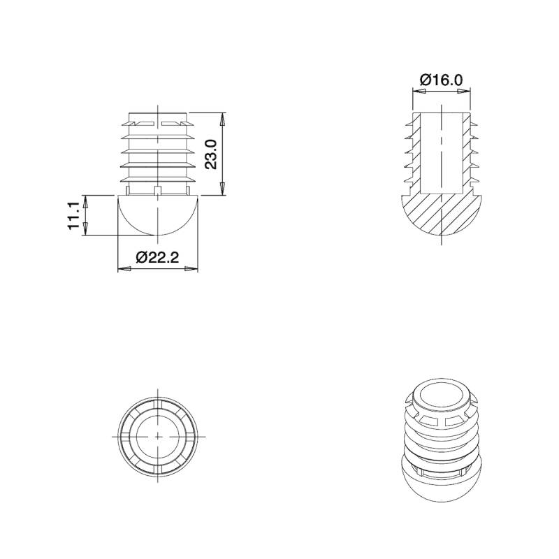 Inserto Antiscivolo Rotondo Semisferico NERO 22 mm