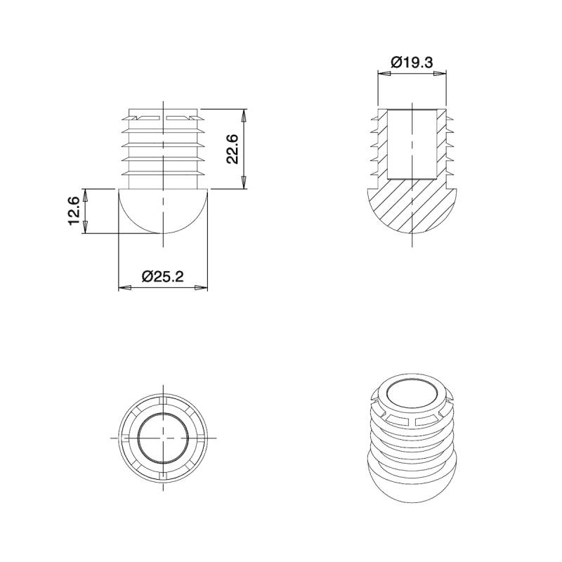 Anti-Skid Round Semispherical Ribbed Insert BLACK diameter 25 mm