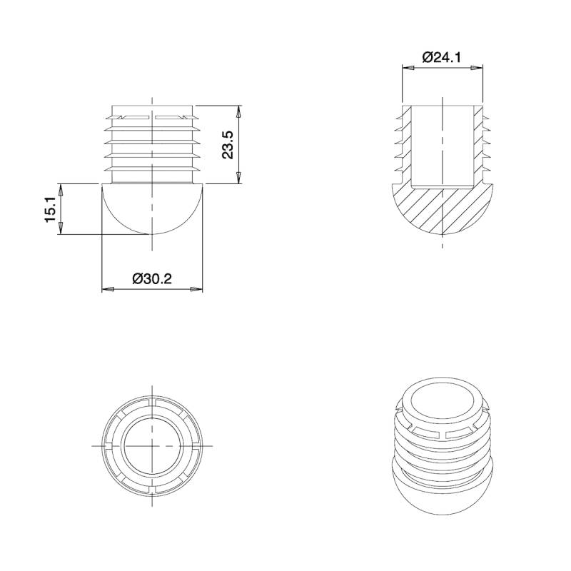 Anti-Skid Round Semispherical Ribbed Insert BLACK diameter 30 mm