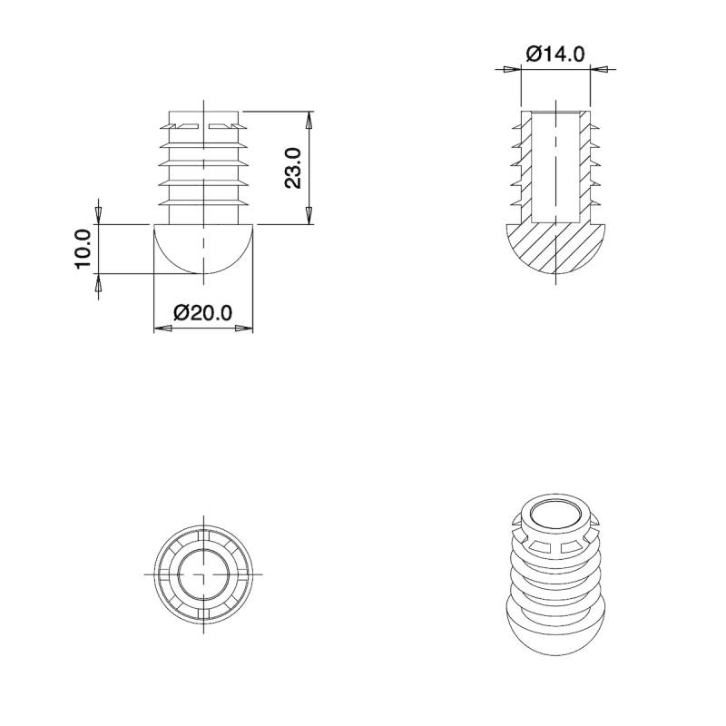 Embout Rond Bombé Antidérapant GRIS diamètre 20 mm