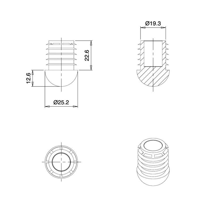 Embout Rond Bombé Antidérapant GRIS diamètre 25 mm