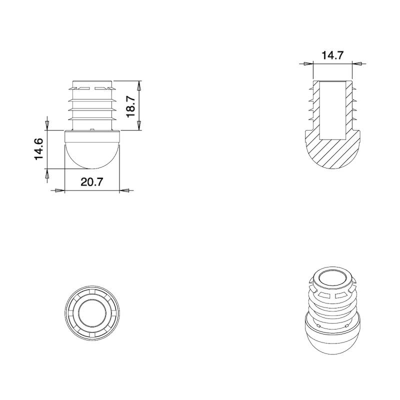 Inserto Rotondo Semisferico Rinforzato NERO diametro 20 mm