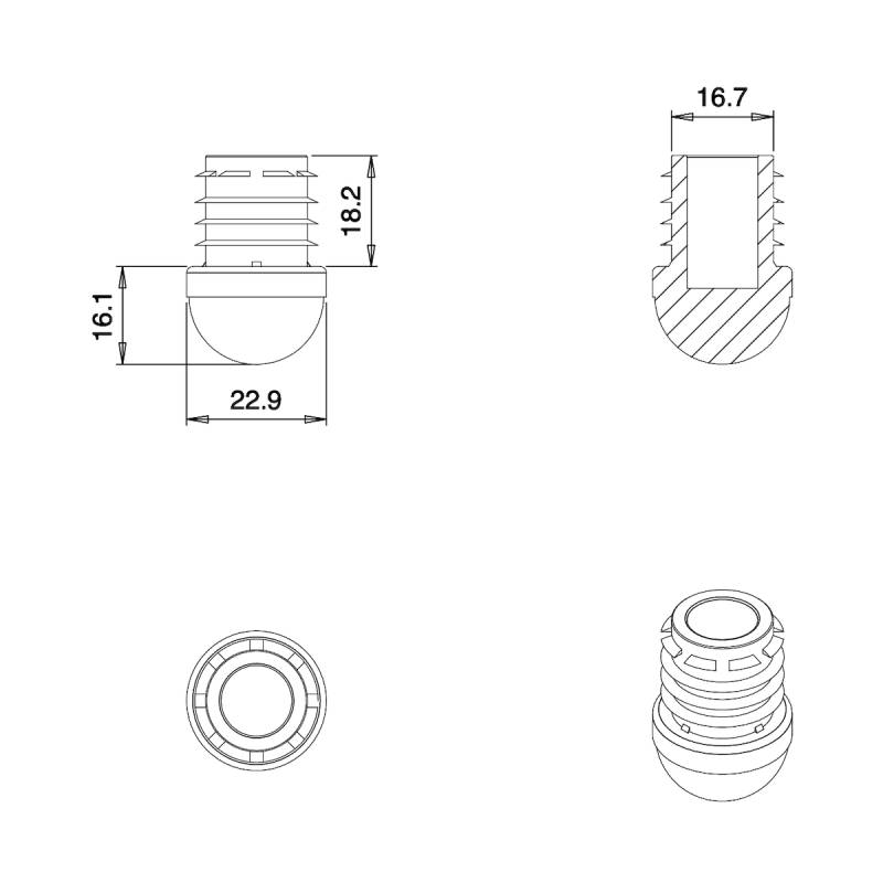 Inserto Rotondo Semisferico Rinforzato NERO diametro 22 mm