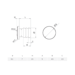 Plan - Pied à insérer diamètre 8 mm en EVA pour trou diam. 6 mm