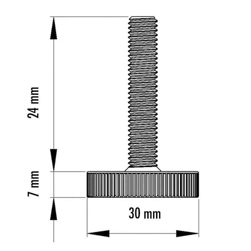 M10 x 24 mm Stellschrauben mit Kunststoff-Rändelfuß 30 mm Diam. - Gewinde: Stahl verzinkt, Grundkörper: Kunststoff SCHWARZ
