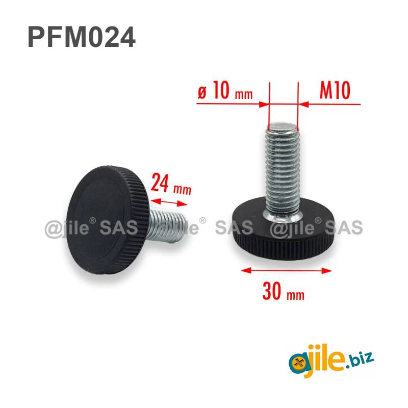 Pied réglable moleté diam. 30 mm M10 x 24 mm
