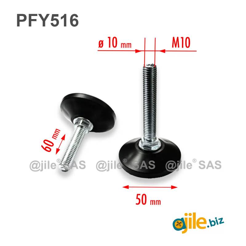 M10 x 60 mm Nivellierfuss 50 mm Diam - Gewinde: Stahl verzinkt, Fuss: Kunststoff