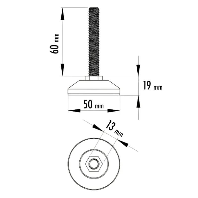 M10 L 60 mm Adjustable foot 50 mm base - Zinc plated steel with plastic base