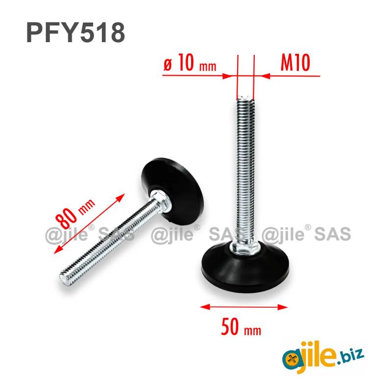 M10 L 80 mm Adjustable foot 50 mm base - Zinc plated steel with plastic base