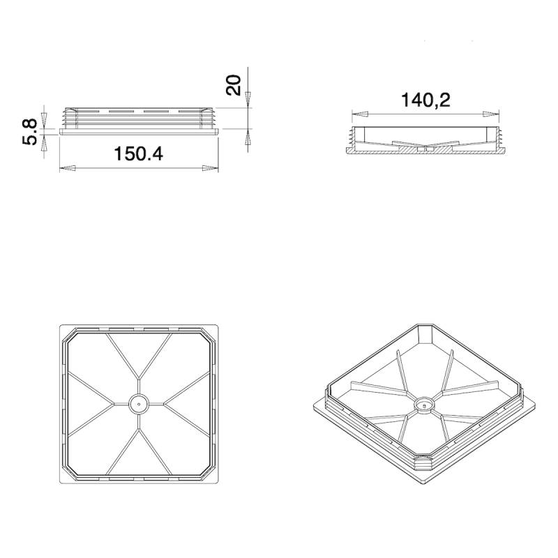 Square Plastic Standard Ribbed Insert for Tubes 150 x 150 mm BLACK - Square Insert Black - square insert - ferrule insert