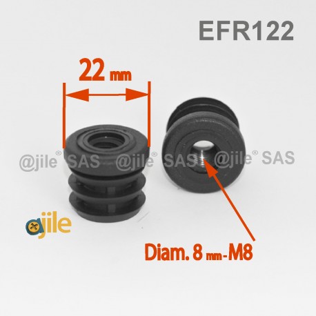 Embout plastique rond pour tube de diamètre 22 mm avec trou fileté diam. 8 mm (M8) - Ajile