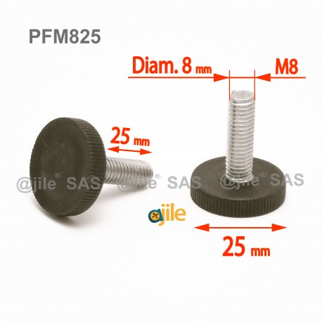 M8  L 25 mm Knurled adjustable foot - Zinc plated steel with plastic base - Ajile