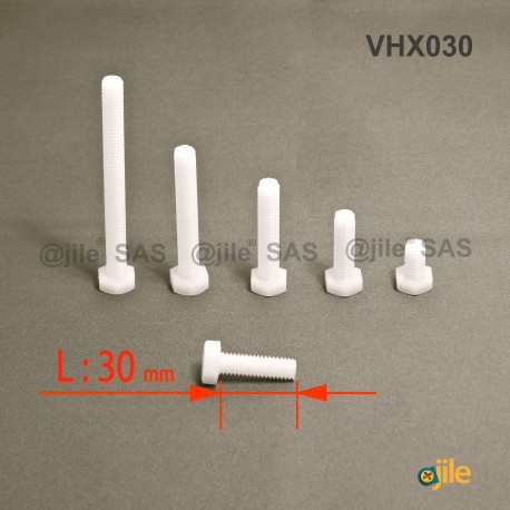 M10 x 30 DIN933 : Plastic hex. Bolt for 17 mm wrench: diam. M10  length 30 mm - Ajile