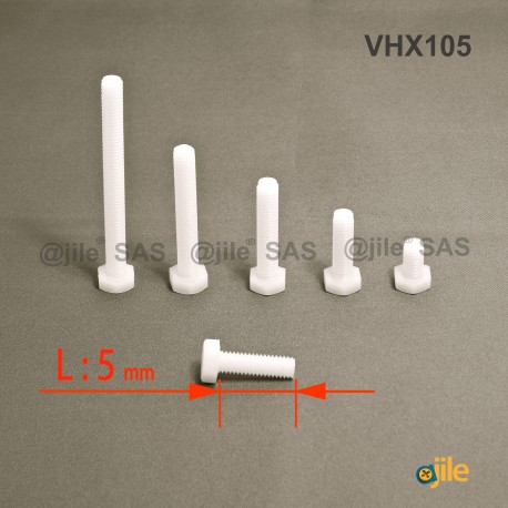 M2 x 5 DIN933 : Plastic hex. Bolt for 4 mm wrench: diam. M2  length 5 mm - Ajile