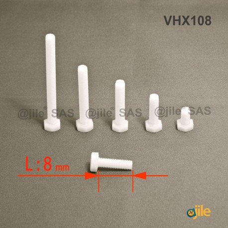 M2 x 8 DIN933 : Plastic hex. Bolt for 4 mm wrench: diam. M2  length 8 mm - Ajile