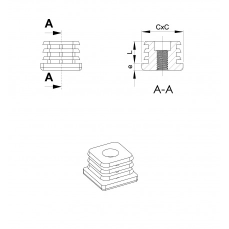 Embout plastique carré pour tube 20 x 20 mm avec trou fileté diam. 8 mm (M8)
