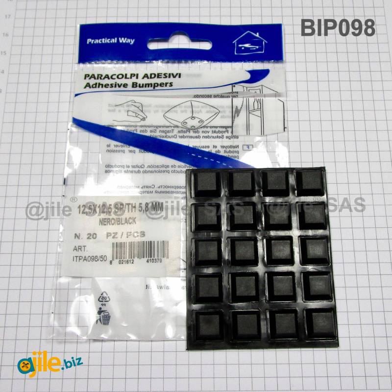 Black Square Adhesive Bumper/Foot 12.5 x 12.5 mm and 5.8 mm Thickness x 20 pieces - Ajile