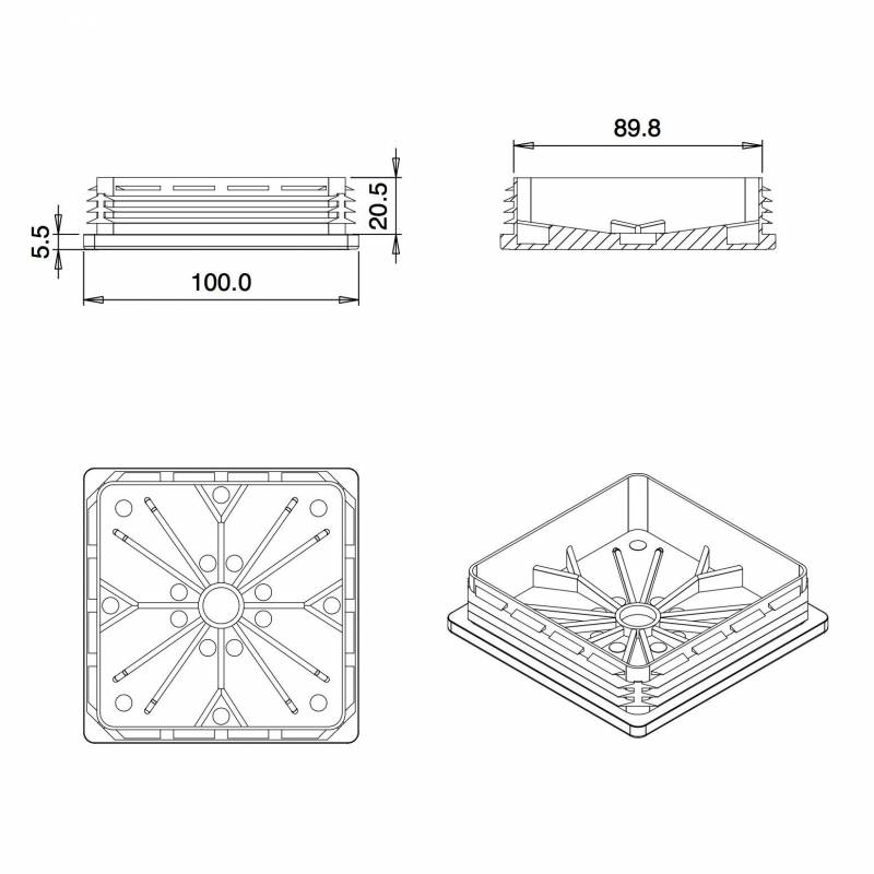 Kunststoff Lamellen-Stopfen für Vierkantrohre mit 100 x 100 mm Aussenmass - WEISS - Quadratstopfen Weiss - quadratstopfen - st